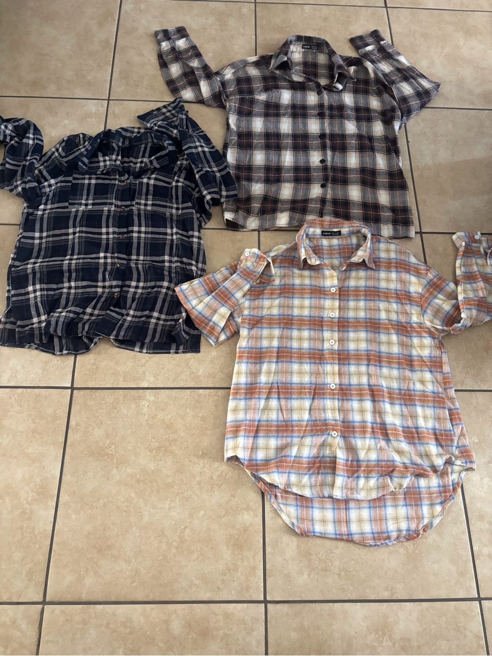 SHEIN Plaid Button-Down Tops β Navy, Brown, and Orange Mix